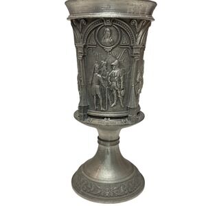 Vintage German Pewter Mini Goblet 3" Zinn Figural Hunting Scene Chalice
